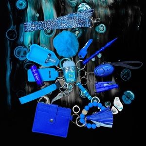 Turquoise Blue Safety Keychain with Leopard Lanyard & Blue ID Wristlet Set